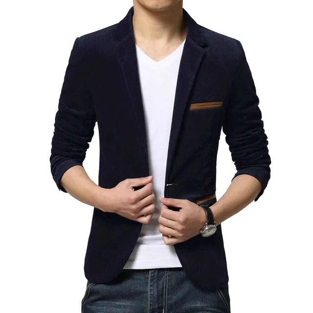 2019 Fashion Men Slim Fit Blazer Formal Suit Jacket One Button Casual Coat Long Sleeve Dress Jacket Autumn Winter Corduroy Solid