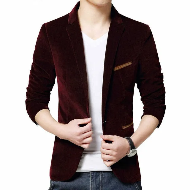 2019 Fashion Men Slim Fit Blazer Formal Suit Jacket One Button Casual Coat Long Sleeve Dress Jacket Autumn Winter Corduroy Solid