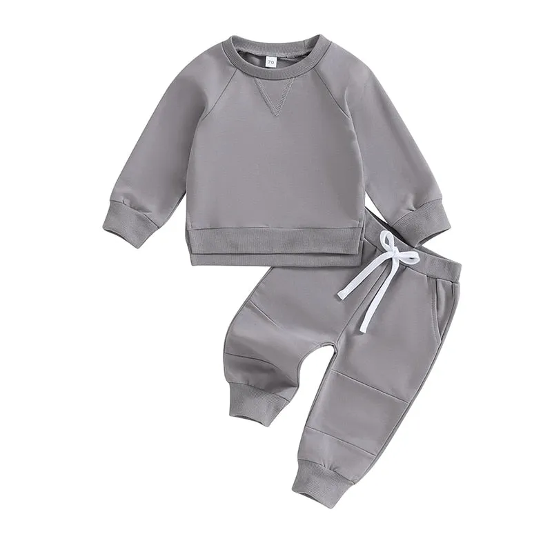 Baby Boy Solid Sweatshirt and Sweatpants Set in Gray, Mustard, Blue or Black