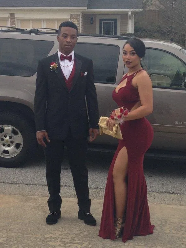 Bridelily 2019 Burgundy Mermaid Prom Dresses Cutouts Side Slit Long Sexy Maroon Evening Gowns