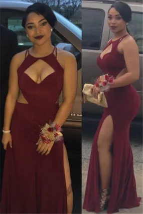 Bridelily 2019 Burgundy Mermaid Prom Dresses Cutouts Side Slit Long Sexy Maroon Evening Gowns