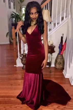 Bridelily 2019 Burgundy Velvet Prom Dress Backless Deep V-neck Sheath Evening Gowns Cheap