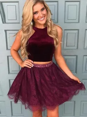 Bridelily A-Line Lace Satin Halter Sleeveless Two Piece Short/Mini Dresses