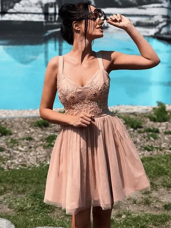 Bridelily A-Line Sleeveless Straps Tulle With Beading Short/Mini Dresses