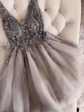 Bridelily A-Line Sleeveless V-neck Tulle With Sequin Short/Mini Dresses