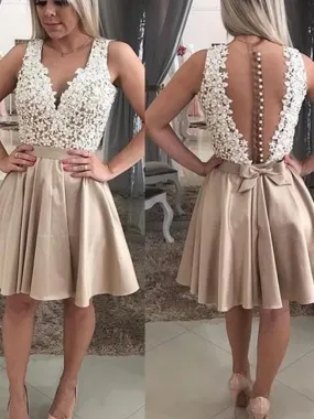 Bridelily A-Line Sleeveless With Beading V-neck Satin Short/Mini Dresses