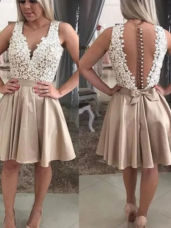 Bridelily A-Line Sleeveless With Beading V-neck Satin Short/Mini Dresses