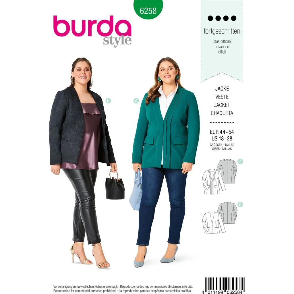 Burda Style Pattern B6258 Women's Jackets, Princess Seamed and Lined