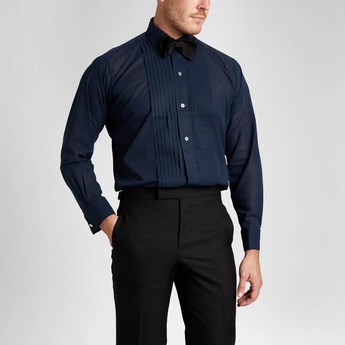 Classic Fit Hand Pleated Voile Double Cuff Dress Shirt in Navy