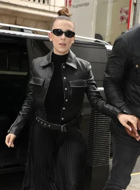 Elegant Black Leather Jacket Worn By Millie Bobby | Millie Bobby Elegant Black Leather Jacket
