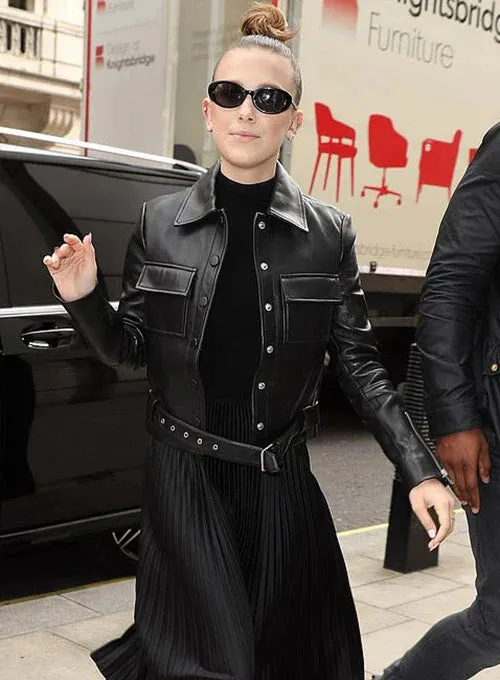 Elegant Black Leather Jacket Worn By Millie Bobby | Millie Bobby Elegant Black Leather Jacket