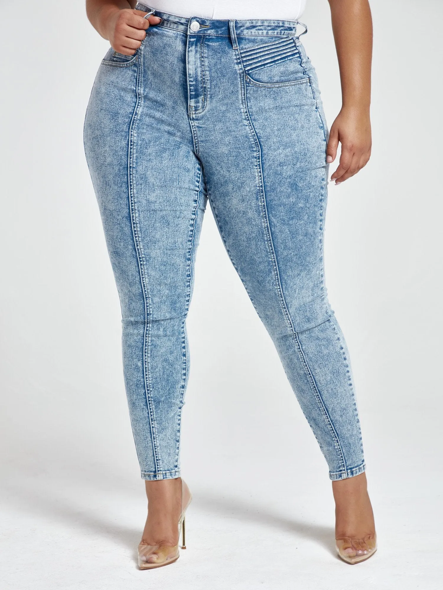 Medium Wash High-Rise Seamed Moto Jeans in Medium Blue Wash