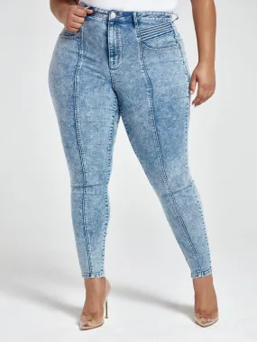 Medium Wash High-Rise Seamed Moto Jeans in Medium Blue Wash