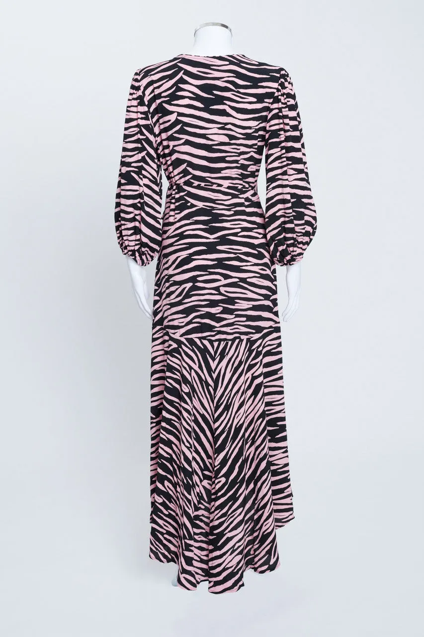 Pink Crepe Tiger Stripe Asymmetric Wrap Dress with Balloon Sleeves