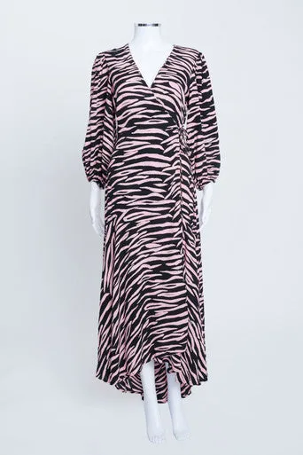 Pink Crepe Tiger Stripe Asymmetric Wrap Dress with Balloon Sleeves