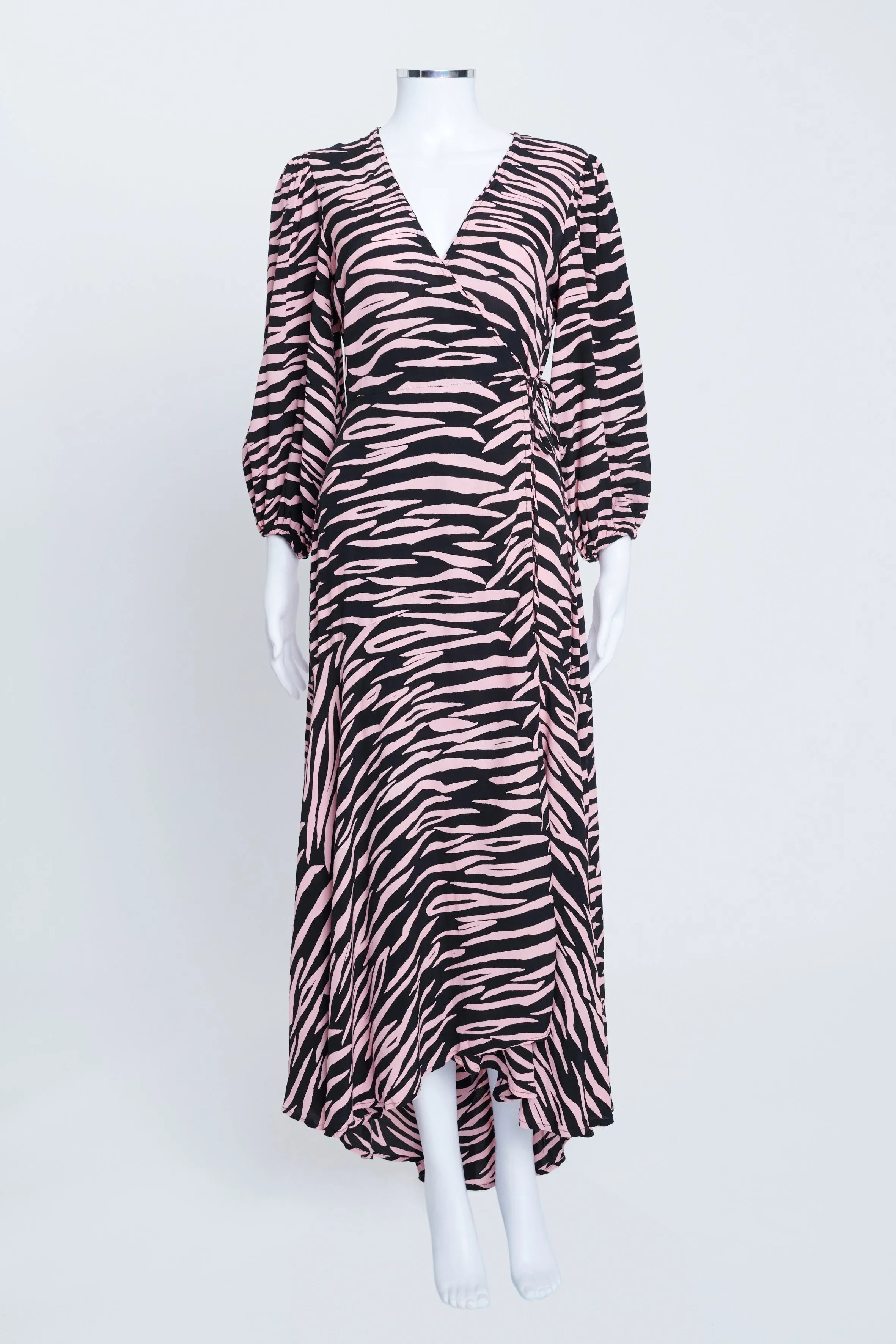 Pink Crepe Tiger Stripe Asymmetric Wrap Dress with Balloon Sleeves