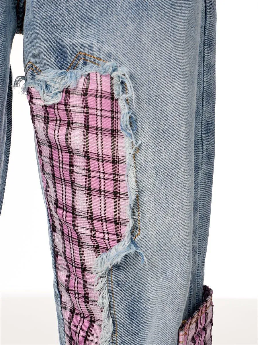 Plaid Stitching Wide Leg Jeans with Bowknot – Sweet & Trendy