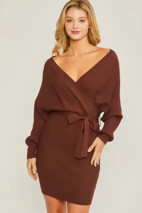 Red Off Shoulder Wrap Belted Ribbed Knit Dress