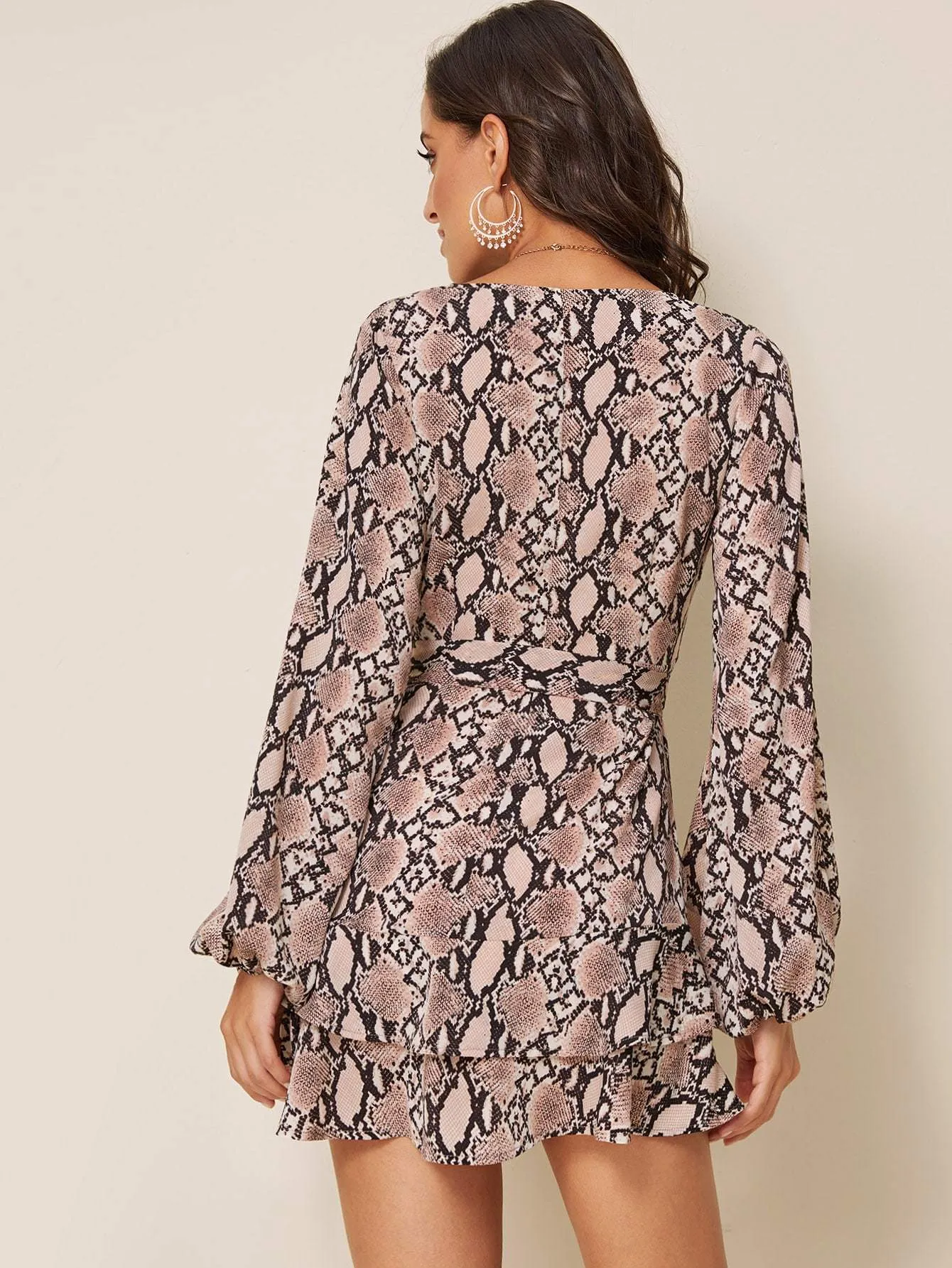 Snakeskin Wrap V-neck Self Tie Swing Dress