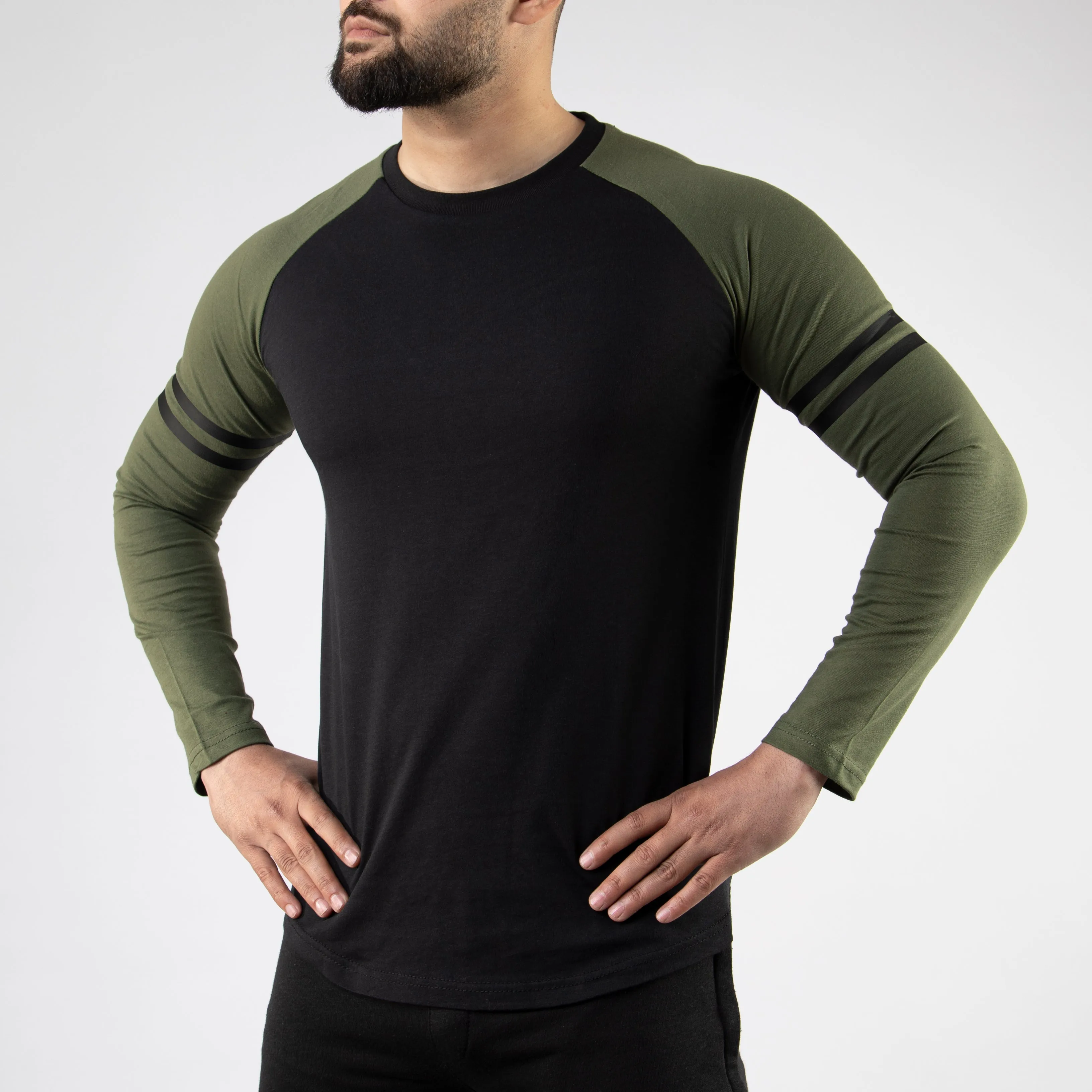 Striped Sleeves Black & Olive Baseball Raglan