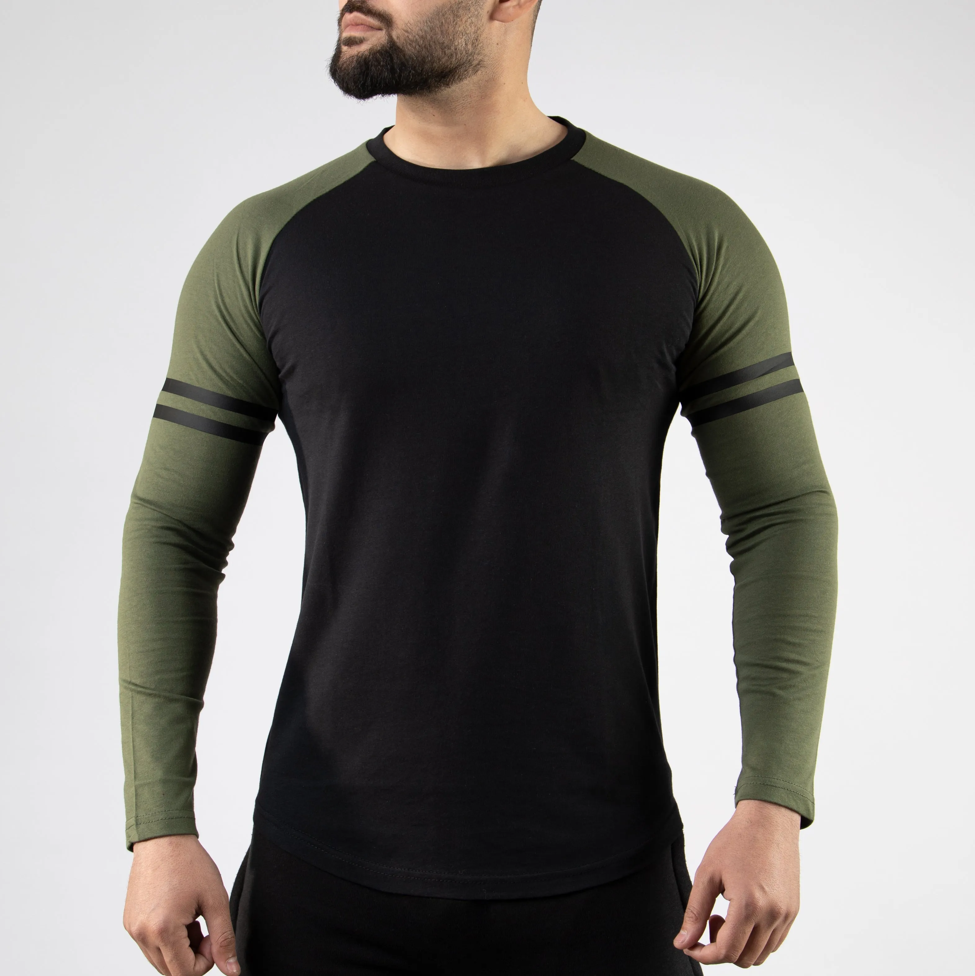 Striped Sleeves Black & Olive Baseball Raglan