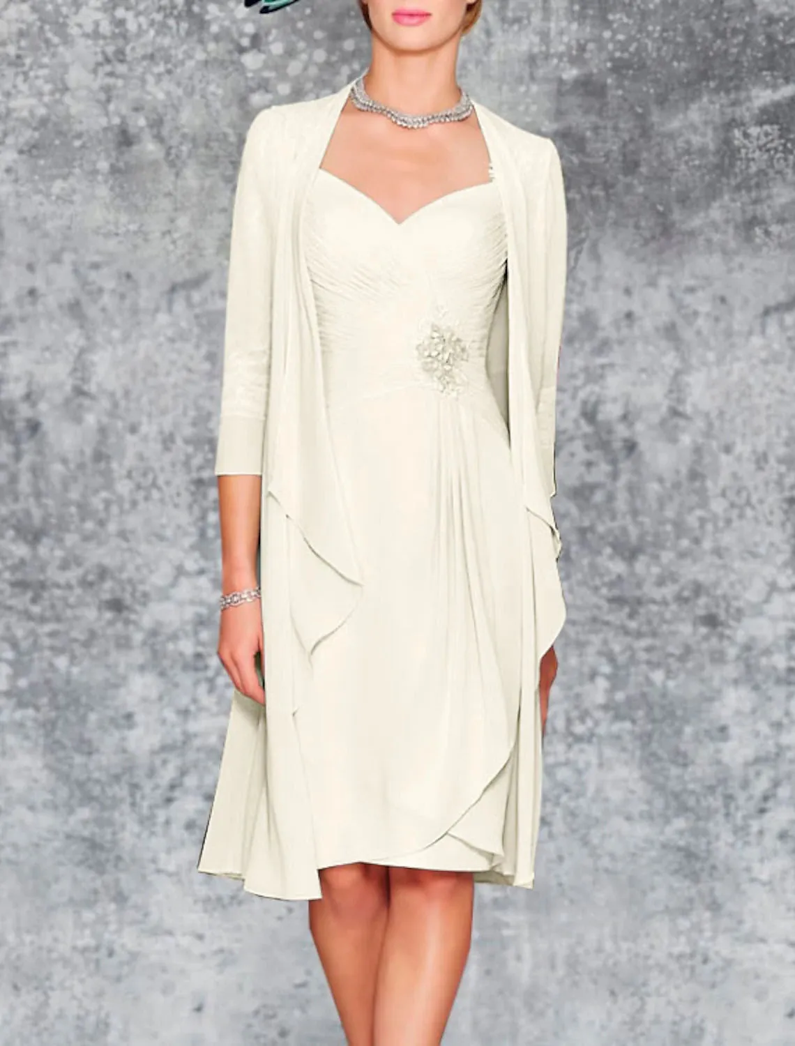 Two Piece Sheath / Column Mother of the Bride Dress Wedding Guest Church Plus Size Elegant Sweetheart Knee Length Chiffon Lace 3/4 Length Sleeve Wrap Included Jacket Dresses with Pleats Embroidery