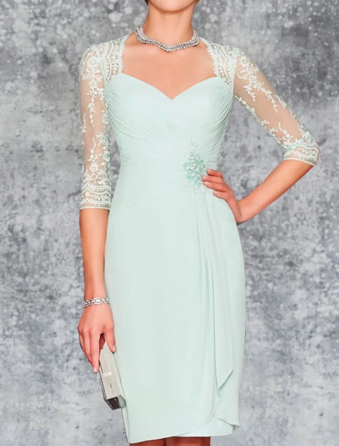 Two Piece Sheath / Column Mother of the Bride Dress Wedding Guest Church Plus Size Elegant Sweetheart Knee Length Chiffon Lace 3/4 Length Sleeve Wrap Included Jacket Dresses with Pleats Embroidery